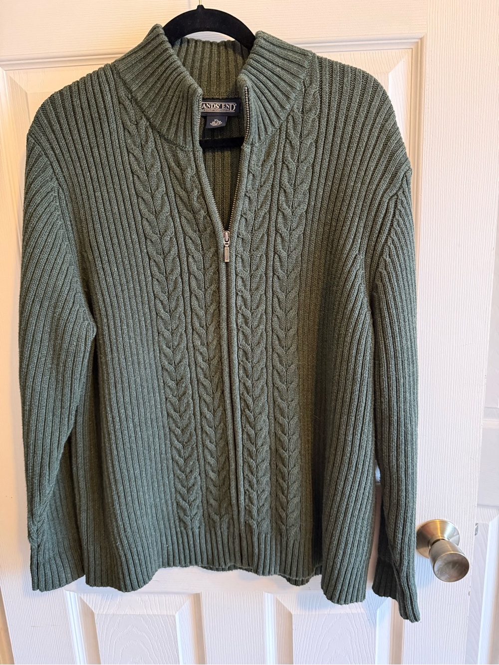 Lands' End Womenโs coastal fall sage green cable knit zip sweater - XL
